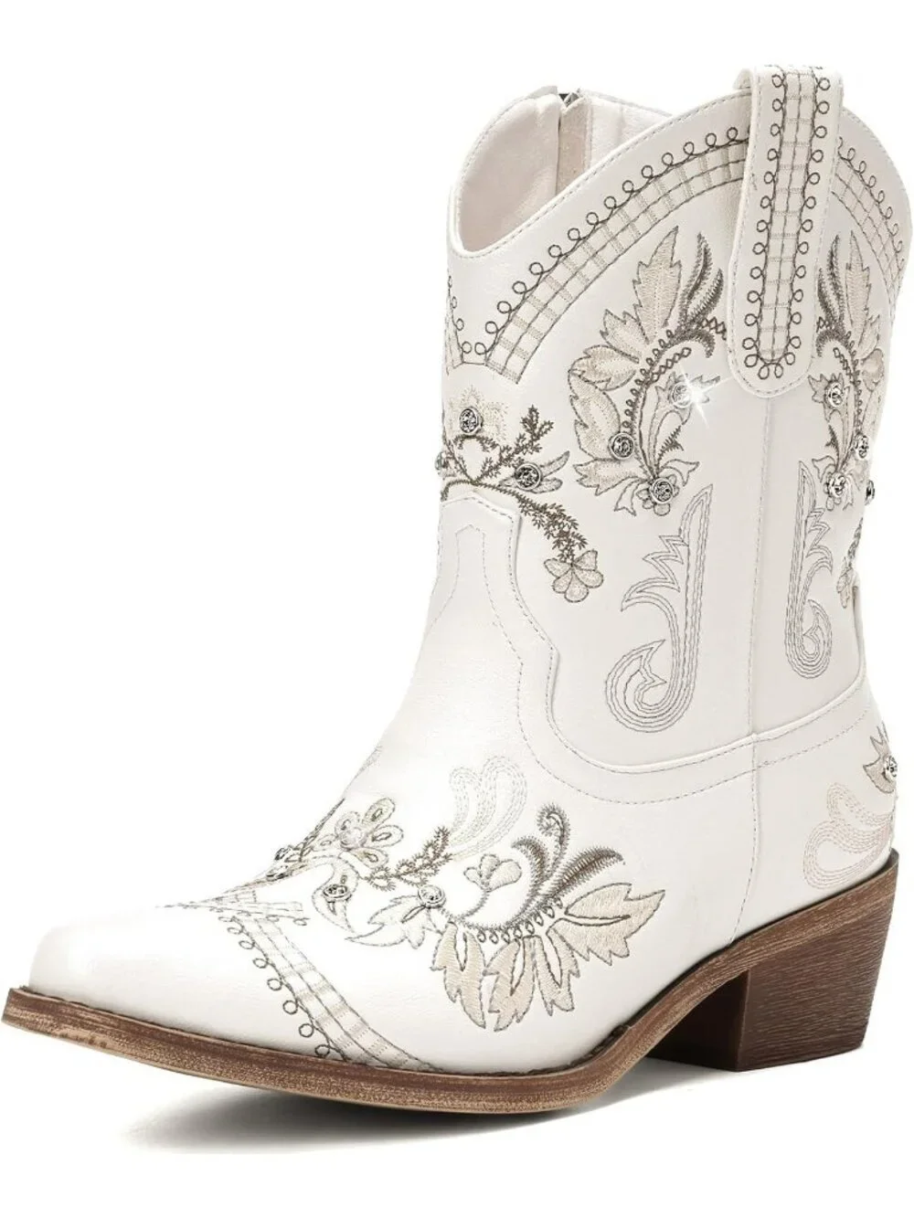 Women’s White Cowboy Boots Rhinestone Embroidered Ankle Booties Toe Chunky Heel